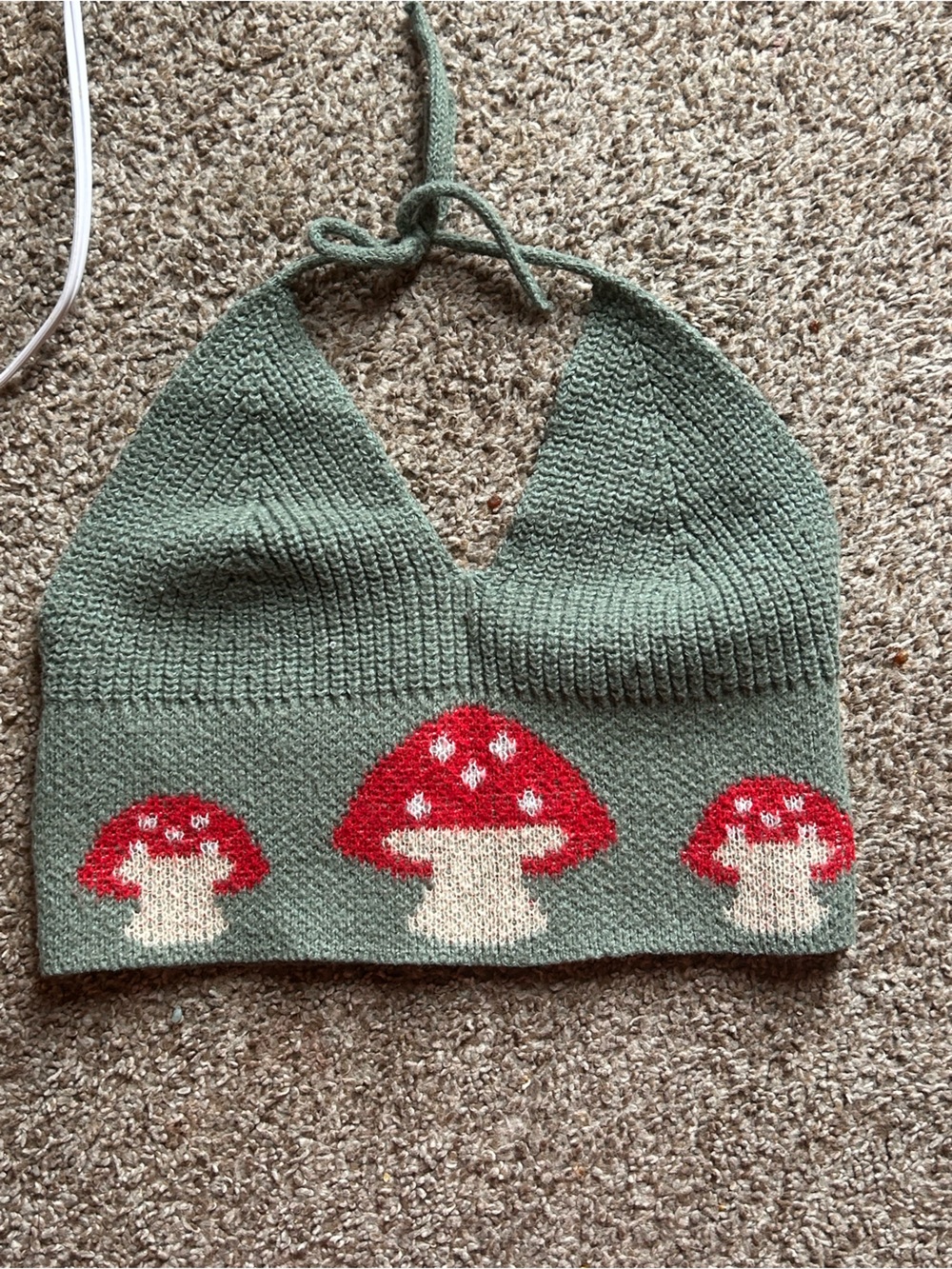 Sage Green Knit Halter Crop Top with Red Mushroom Motif